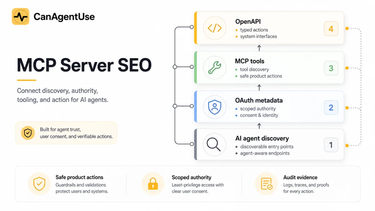 MCP server SEO architecture showing OpenAPI, MCP tools, OAuth metadata, and AI agent discovery.