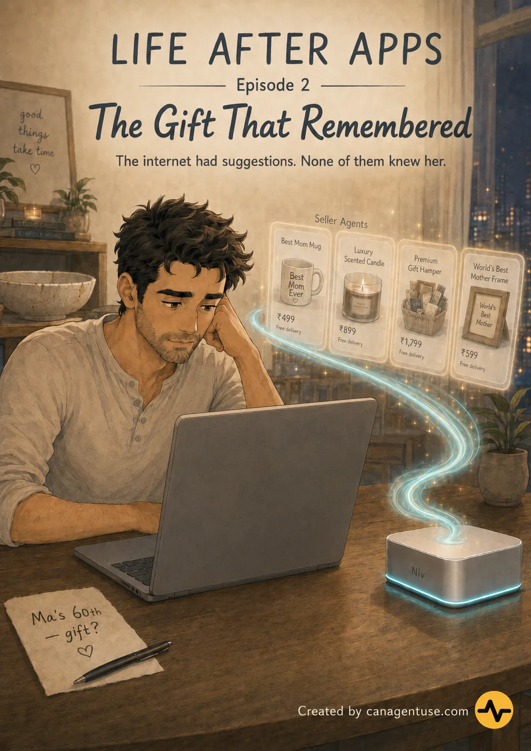 Life After Apps Episode 2 cover, The Gift That Remembered, showing Joe comparing generic gift suggestions while Niv assists