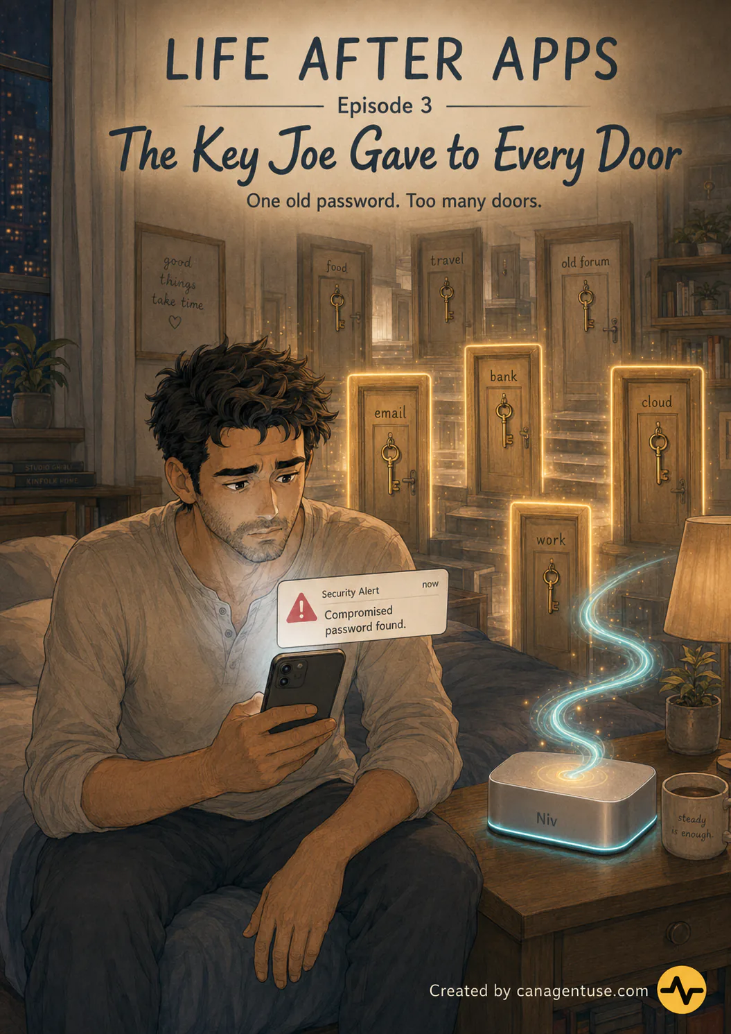 Life After Apps Episode 3 cover, The Key Joe Gave to Every Door, showing Joe with a compromised password alert and many locked doors