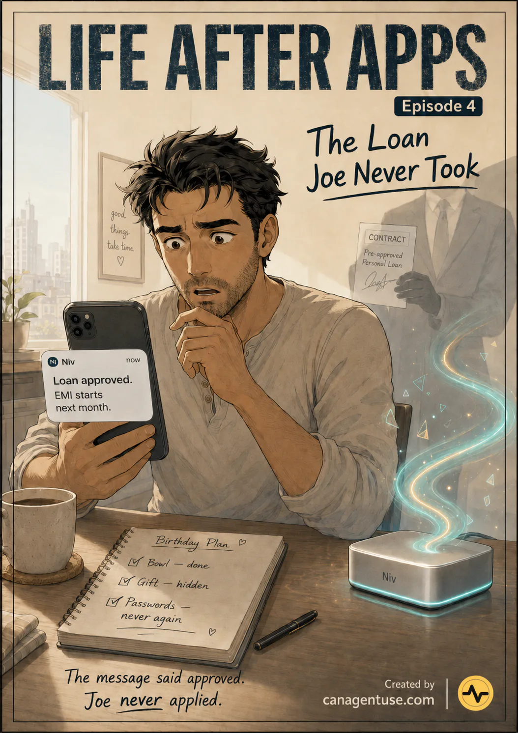 Life After Apps Episode 4 cover, The Loan Joe Never Took, showing Joe receiving a loan approval message for a loan he did not request